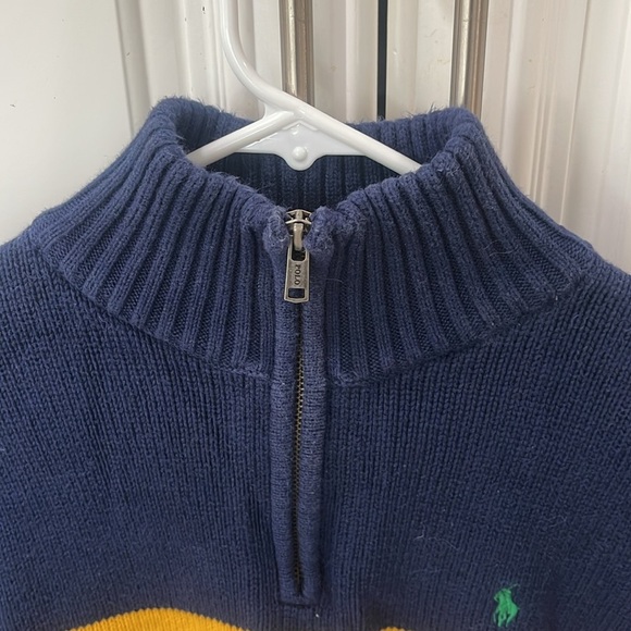 Polo Ralph Lauren Blue Navy Yellow Knit Sweater Logo Pullover Stripe large - Picture 9 of 10